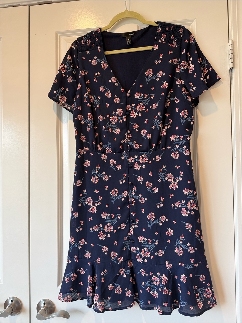 Aqua Navy Mini Dress with Pink Floral Print